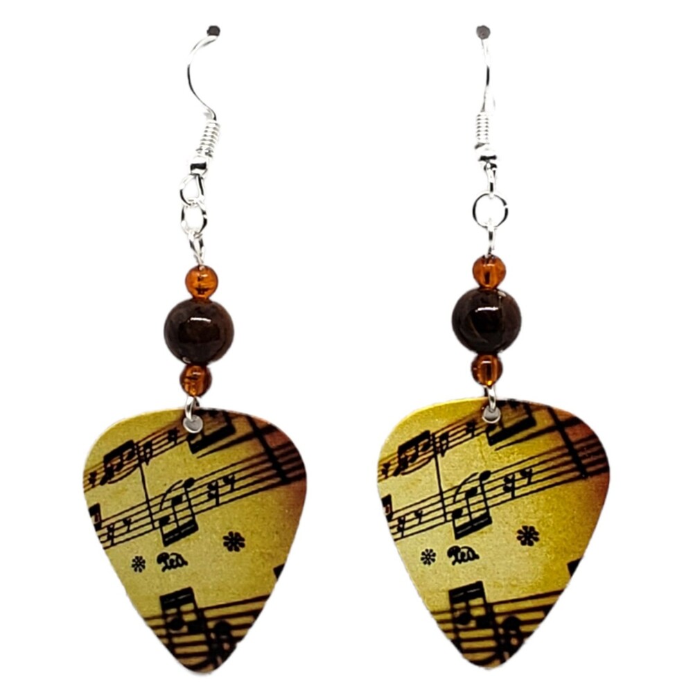 Lines of Music Notes on Tan Guitar Pick Beaded Earrings - Handmade in USA New